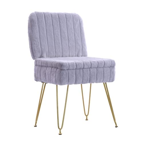 Vanity Chair with Storage | Comfy Ottoman with Folding Back | Faux Fur Vanity Stool with 4 Metal Legs for Make Up | Furry Padded Seat with Anti-Slip
