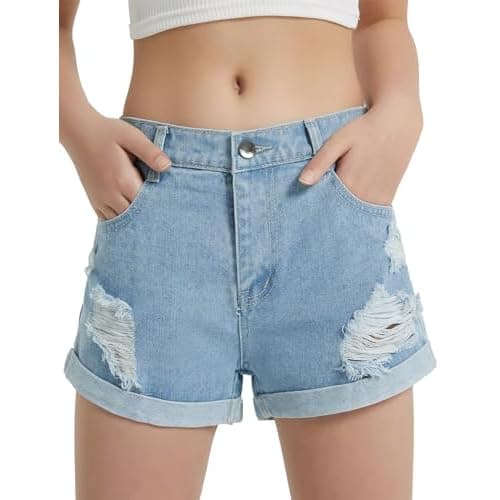 EXARUS Girls Jeans Shorts Ripped Distressed Frayed Raw/Folded Hem/Bermuda Jean Shorts Mid Rise Casual with Pockets Kids 2.5" 10 Years Blue B