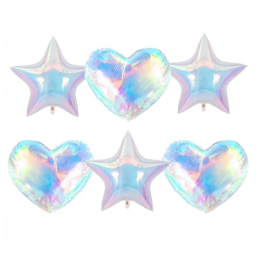 6Pcs Iridescent Heart Star Balloons for Christmas/Rainbow Balloons for Korean Idol Demon Hunters Singer Fans Party/Multicolor Star Heart