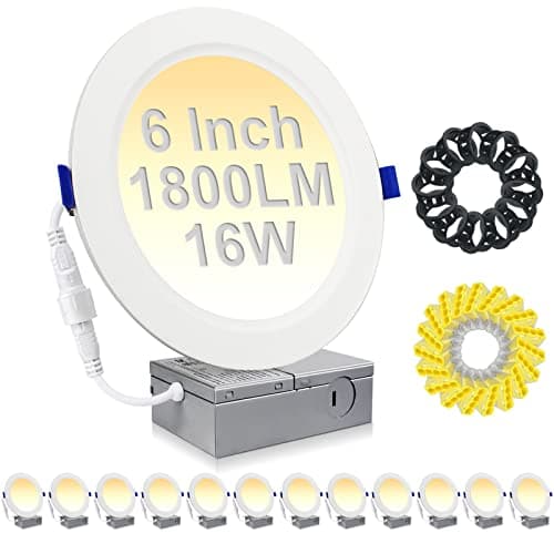 HiBay 6in 12-Pack Canless LED Recessed Lighting, 1800lm 5CCT, Dimmable | Bright 1800lm eqv 200W wafer downlight, 5 color temps 2700K-5000K to match