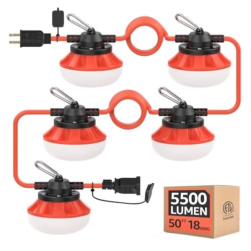 50FT 50W LED Work String Light, 5-Lights,18/2 SJTW,ETL Certified | Linkable up to 16 Sets,5500LM Construction Temp Lights,IP65 Waterproof,IK07