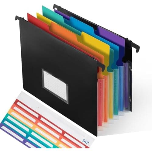 7-Pockets Hanging File Folder with Retractable Hooks for Filing Cabinet, 2 in 1 Expandable Accordion File Organizer with Elastic Band for File Frame
