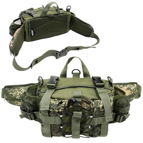 MYDAYS Fishing Tackle Waist Storage Bag with Water Bottle, Lightweight Outdoor Fanny Pack for Fishing Gear and Equipment(Green Camo)