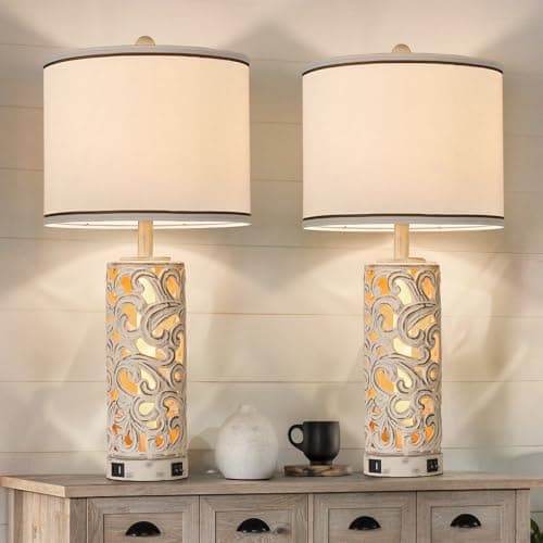 AIDENOEY Set of 2 Farmhouse Table Lamps with 2 USB Charging Ports, Vintage Carved Bedside Lamps with Smart Dimmable Bulbs, Rustic Nightstand Lamps for