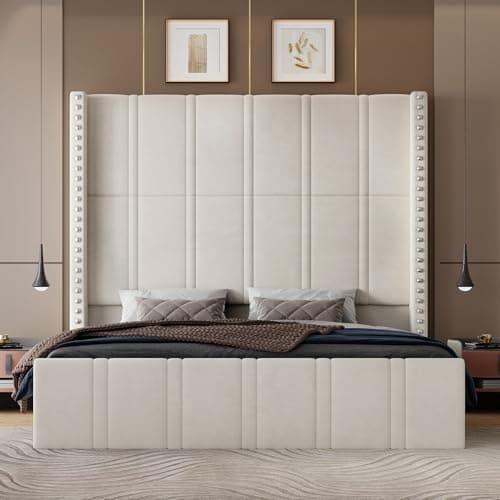 King Bed Frame with 65.75" Tall Headboard, Beige | Velvet Luxury Upholstered Bed Frame with Storage Pockets & Wide Wingback, Noise-Free, No Box Spring