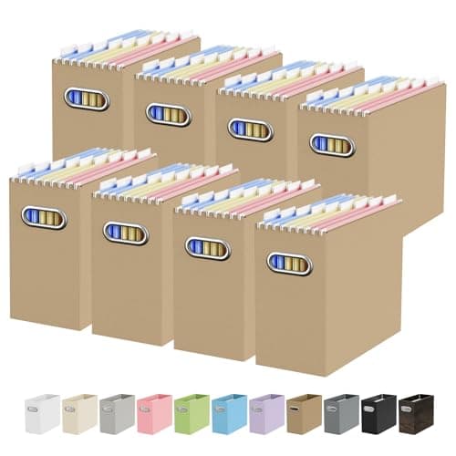 Portable Collapsible Cardboard File Box with Handle for Letter-Size | 8-Pack. Stainless Steel Handle. Label Stickers Included. Fits Letter Folders
