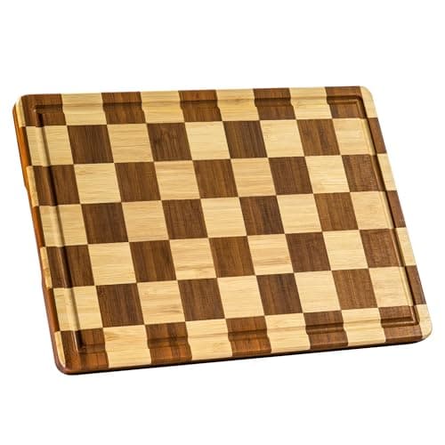 Checkered Bamboo Cutting Boards for Kitchen, Thick End Grain | Wood Chopping Board with Juice Groove, Butcher Block for Meat, Bread & Fruit, Medium,