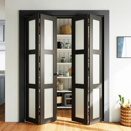 SMARTSTANDARD 56" x 80 Bifold Closet Door, Tempered Frosted Glass, Black | MDF, with Bi-fold Door Hardware Kit Included, Preassembled Panel,