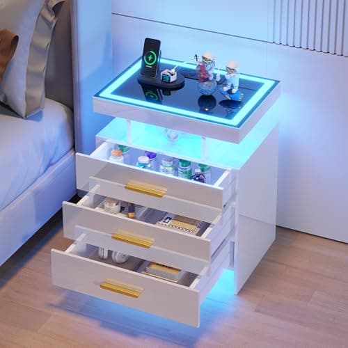 HNEBC White Nightstand with 3 Drawers& Wireless Charging Station&LED Lights | Smart Bedside table with USB -C Port,3-Color Dimmable Light,Motion