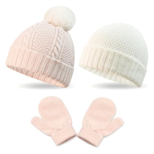 3 Pack Kids Winter Warm Beanie & Mittens Set,Knit Boys Girls Cozy Hat with Soft Crossed Cable for Baby Children's Toddler