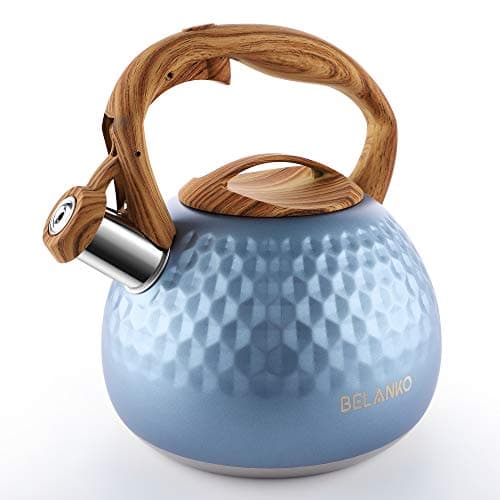 BELANKO 2.7 Quart Tea Kettle for Stovetop - Food Grade Stainless Steel with Diamond Texture, Designer Teapot Look, Cool-Touch Wood Pattern Handle,