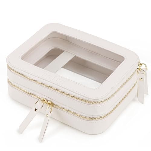 Prite Double Layer Makeup Bag for Women Portable Clear Makeup Bag Cute Waterproof Travel Cosmetic Bag with Gold Zipper for Car Essentials(Beige) Beige