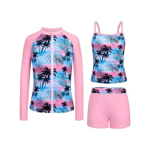 Rash Guard for Girls Long Sleeve 3 Piece Teens Swimsuits Zip Up Bathing Suit with Pockets Boyshorts (6-16Y)