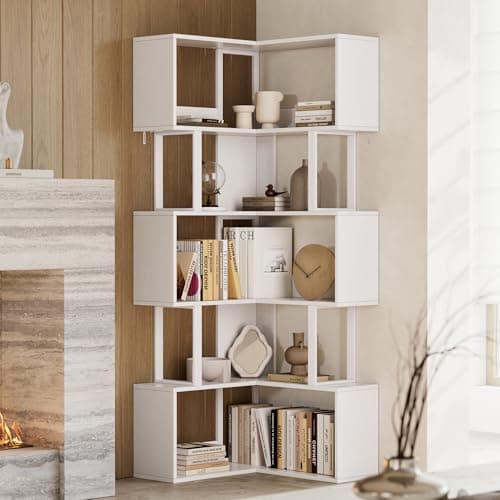 GarveeHome Large Corner Bookshelf, Tall Metal Wooden Rack 6 Tiers, Freestanding Corner Shelf, l-Shaped Display Storage Organizer for Home Office,