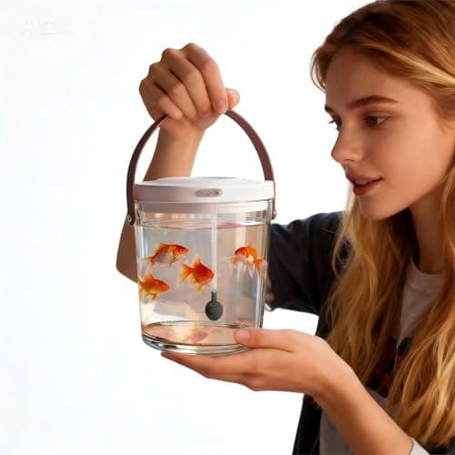 Portable Mini Aquarium Tank with Handle, Clear Fish Bowl with Quiet Oxygen Circulation, 2000mAh Lighted, Touch-Controlled, 5.24 x 5.71 Inch, for Kids