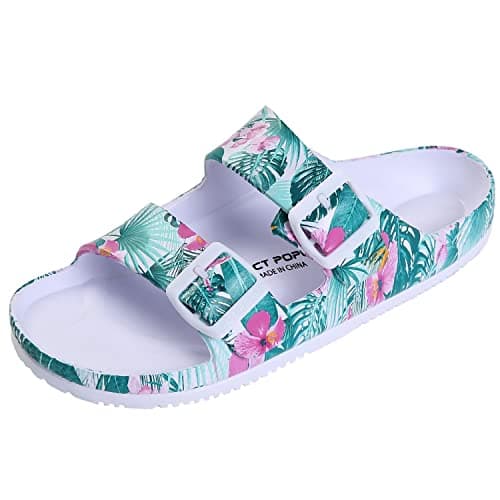 VICT POPU Womens Sandals Adjustable Double Buckle Strap Waterproof EVA Flat Slides