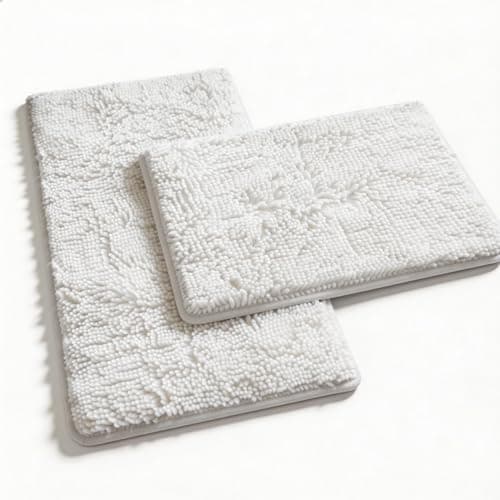 White Bathroom Rugs and Mats Set, 2 Piece Chenille Bath Mat Set, Machine Wash Dry, Non Slip Absorbent Shaggy Bath Rug for Bath Room, Shower and Tub