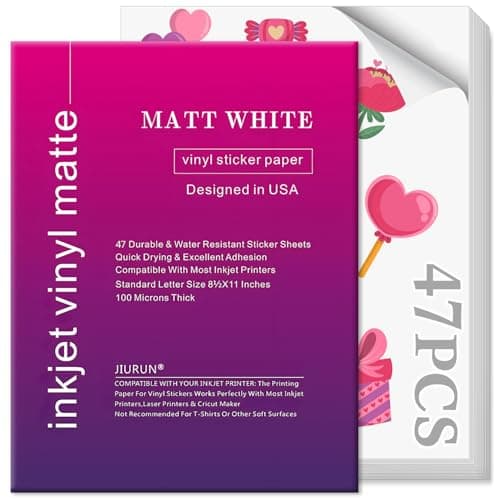 Printable Vinyl Sticker Paper for Inkjet Printer, 47 Matte White 8.5"x11" | Printable Drying Quickly Vivid Colors, Holds Ink Well, Tear Resistant,
