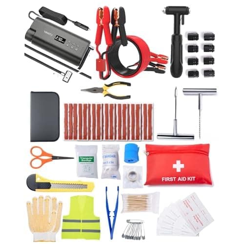 YANTU 111-Piece Car Emergency Kit - Tire Inflator Portable Air Compressor & Jumper Cables for Car - Winter Auto Assistance Kit with Tow Straps, Car