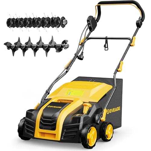EVEAGE 16 Inch 2-in-1 Electric Dethatcher and Scarifier 5-Position Depth Adjustment,Lawn Dethatcher with 15 Amp Copper Motor, Removeable 14.5-Gal