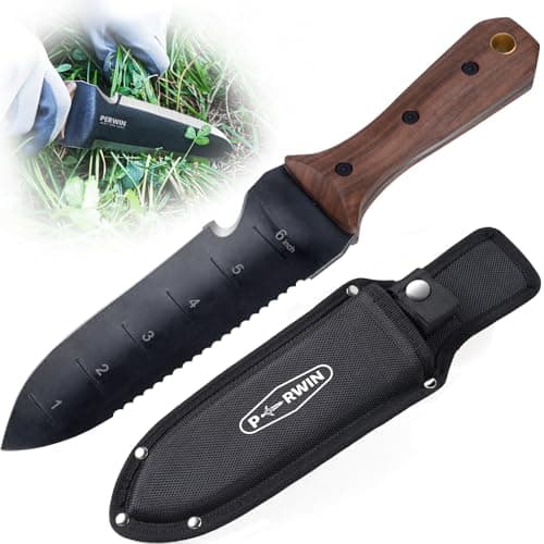 PERWIN Hori Hori Garden Knife, Garden Tools with Sheath for Weeding, Planting, Digging, 7" Stainless Steel Blade with Cutting Edge, Full-Tang Wood