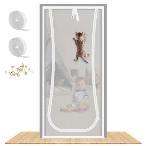 Reinforced Cat Screen Door with Bilateral Zipper, Fits Door Size 34''x 80'' | NEW Thickened Resistant Mesh Heavy Duty Pets Proof Screen Door for Home,