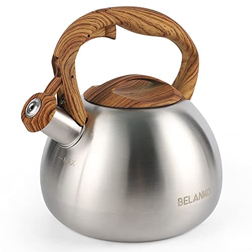 BELANKO 2.7 Quart Tea Kettle for Stovetops - Food Grade Stainless Steel Teapot with Loud Whistle, Cool-Touch Wood Pattern Handle, Rust-Resistant