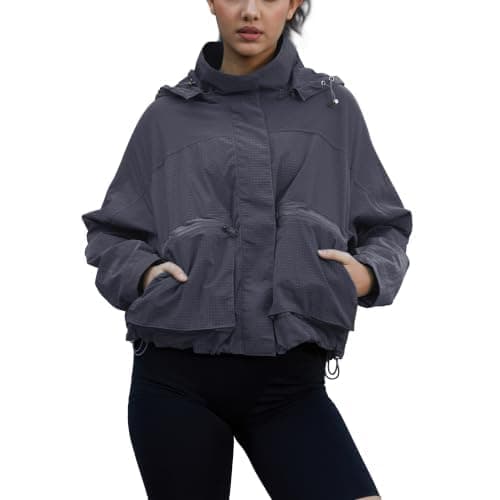 PESION Womens Waterproof Plaid Rain Jacket, Lightweight Windproof Outdoor Trench Coat Windbreaker with Removable Hood
