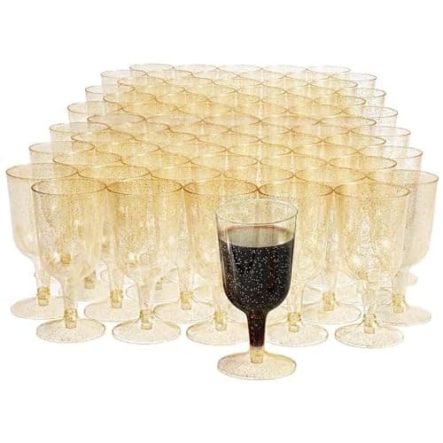 MATANA 100 Plastic Wine Glasses, Gold Glitter 6oz - Gold Wine Glasses Wine Cups - Elegant, Sturdy & Reusable Plastic Goblets for Cocktail Parties,