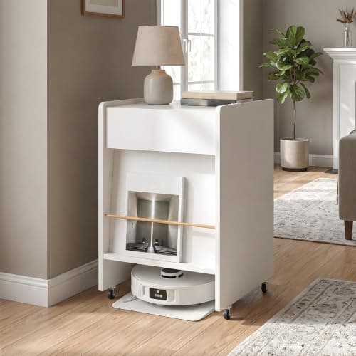 Robot Vacuum Storage Cabinet, White Side Table with Drawer and Casters | Accessory drawer stores small parts; casters ease station access; stationary