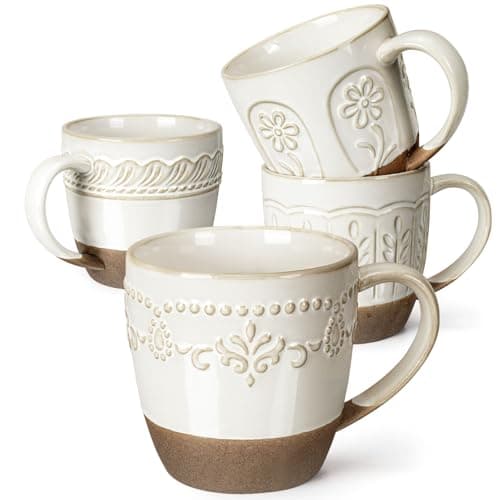 Artena Ceramic Coffee Mugs Set of 4, 16oz Embossed Large Latte Mugs Coffee Cups with Handle for Tea, Latte, Cappuccino & Cocoa, Milk Dishwasher &