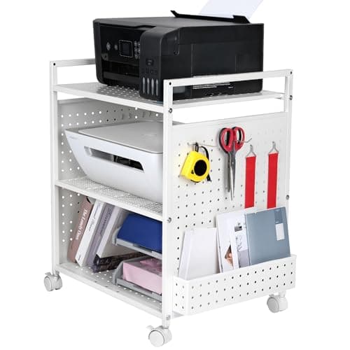 Mythinglogic 3-Tier Rolling Printer Stand with Pegboard and File Holder | Metal cart with adjustable shelves and locking wheels for printers,