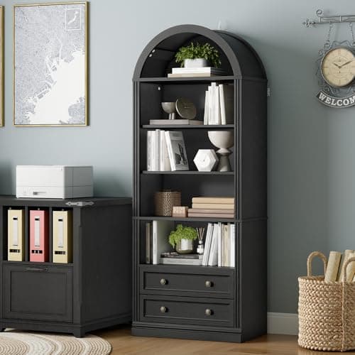Farmhouse Arched Bookshelf, 7 Tiers Arch Bookcase with 2 Spacious Drawers, Modern Book Shelf with Open Display Shelves and Storage Cabinet, for