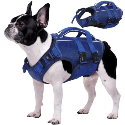 Kuoser Dog Life Jacket, High Flotation Reflective Dog Life Vest, Navy, M | Adjustable Dog Lifejackets for Small Medium Large Dogs, Lifevest with