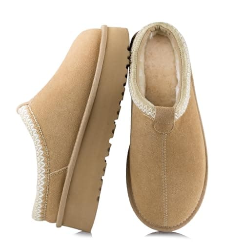 XIXITIAO Genuine Suede Leather Platform Slippers for Women | Fuzzy Plush Slip On House Shoes, Cozy Warm Winter Memory Foam for Indoor and Outdoor,Soft