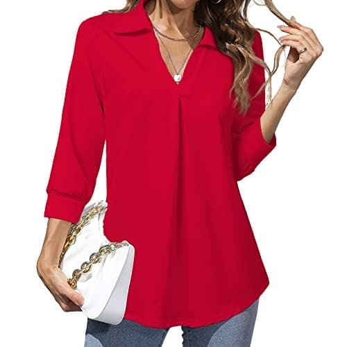 Heat Move Women's 3/4 Sleeve Length Tops Collared V Neck Shirt Dressy Casual Business Blouses for Work Professional