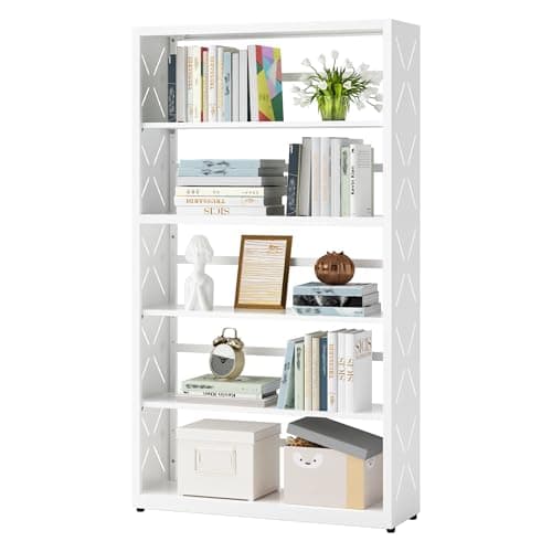 SteeLoong 5 Tier Bookcase,Metal Bookshelf with Adjustable Feet & Shelves | 55"H White Book Shelf with Bookends,Tall Bookcase for Books & Decor,Modern