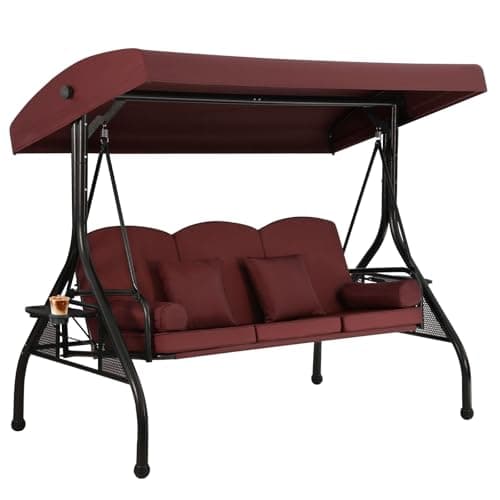 3 Seat Outdoor Porch Swing with Adjustable Canopy,2 in 1 Patio Swing Bed with Stand 800lbs for Adults,Outdoor Swing with Removable Cushion, Cup Holder