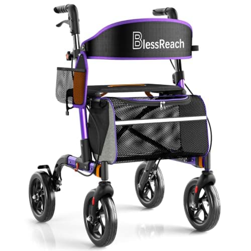BlessReach Rollator Walkers for Senior with Seat, Lightweight Walker,Purple | Foldable Rollator wiht Seat, Aluminum Frame 350 lbs Weight Capacity, 8"