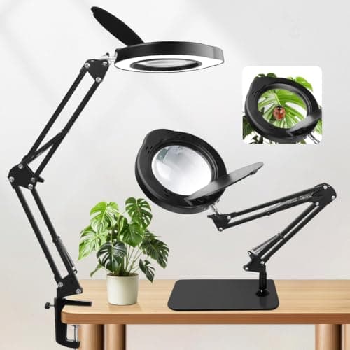 15X Magnifying Glass with Light & Stand,Real Glass,RTM Safety Protection,5 Colors Stepless Dimmable Eye-Caring LED,2-in-1 Hands-Free Desk & Clip-On