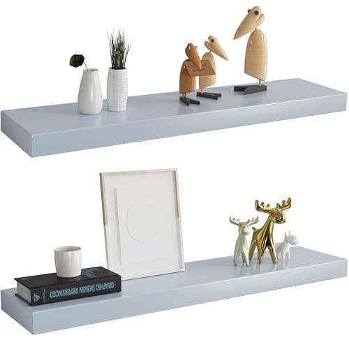 Premium Blue Glossy Finish Floating Shelves for Wall, 30'', Bright Solid Wood Floating Shelves, Sleek Wall Shelf Set with Strong Hidden Brackets for