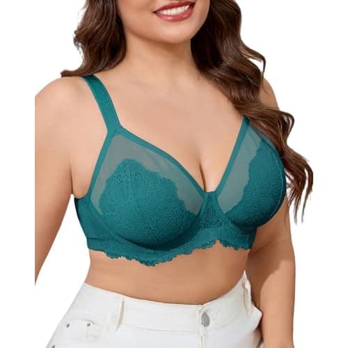 SHARICCA Minimizer Bras for Women, Full Coverage Underwire Support Balette, Unlined Plus Size Floral Lace Bra for Heavy Bust Aqua