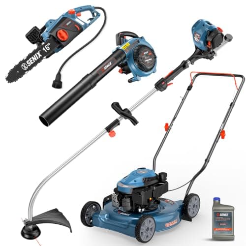 SENIX 17-Inch 26.5 cc Gas Weed Wacker, 20-Inch 144 cc 4-Cycle Gas Lawn Mower, 26.5cc Gas Leaf Blower and 16" Corded Chainsaw Kit