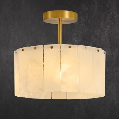 Modern Alabaster Ceiling Light, 11.8" Small Marble Light Fixture | Natural Spanish Alabaster, Individual Marble Stone Patterns, Modern Semi Flush