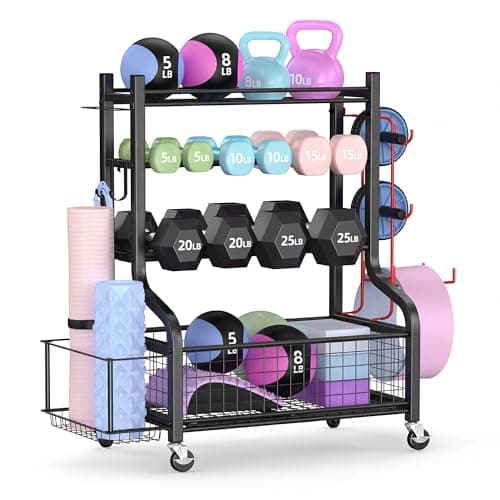 PLKOW Dumbbell Rack, Weight Rack for Dumbbells, Home Gym Storage for Dumbbells Kettlebells Yoga Mat and Balls, All in One Workout Storage with Wheels