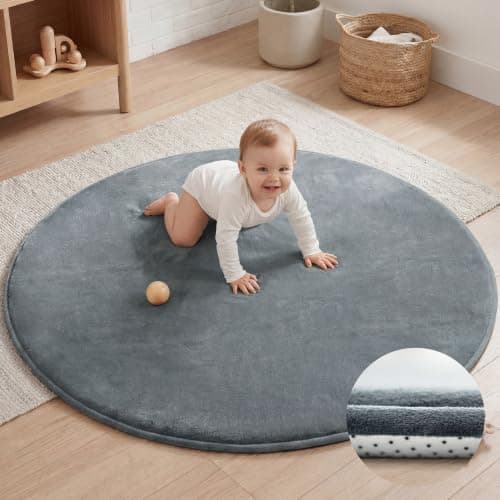 Baby Play Mat for Floor,1.3" Thick Elasti-Foam 47in Round Mat for Tummy Time,Water Repellent Soft Coral Velvet for Toddler,Infant,Kids,Non-Slip