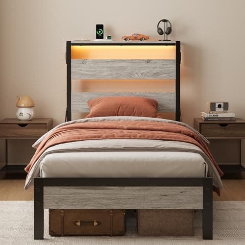Bestier Twin Bed Frame with Storage Headboard and Charging Station, Grey Platform Bed Frame with LED Light, Non-Slip Metal Bed Frame, Noise-Free, Easy