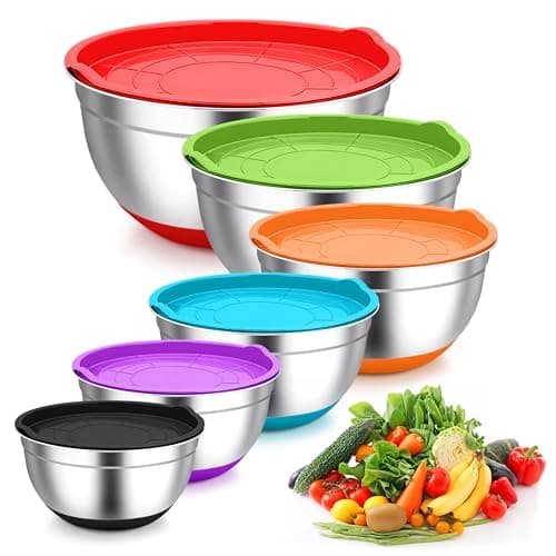 TeamFar Mixing Bowls, Stainless Steel Salad Bowls with Lids - Colorful | Nesting Bowls with Non-slip Bottom, for Kitchen Baking Preparing Serving,