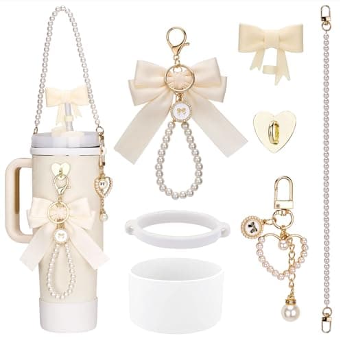 Accessories for Stanley Cup 40oz Tumbler, Charms, Strap, Silicone Boot, Straw Cover, White Bow-knot