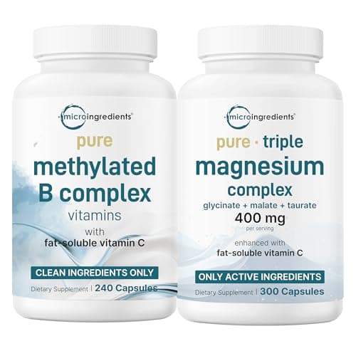 Micro Ingredients Pure Methylated B Complex & Pure Triple Magnesium 400mg Capsules | 2 Pack Bundle | Glycinate, Malate, B12, Thiamin, Fat Soluble